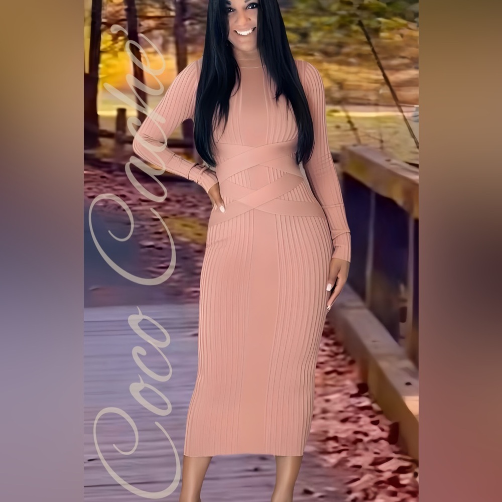 Elegant Long Sweater Knit Midi Dress Contrast Strap Pattern